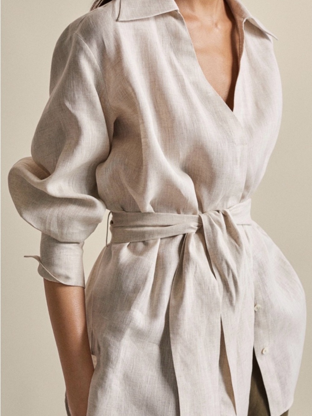 Massimo Dutti Light Beige Linen Shirt Dress with Collar